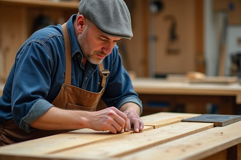 Een meubelmaker van Houtvonk Creatie aan het werk in een opgeruimde werkplaats, bezig met fijn houtsnijwerk